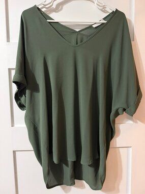 Lush Hunter Green V Neck Dolman Top with Back Detail